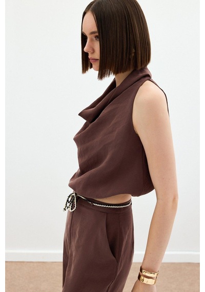 Sateen Degaje Yaka Bluz - Kahve Kahve