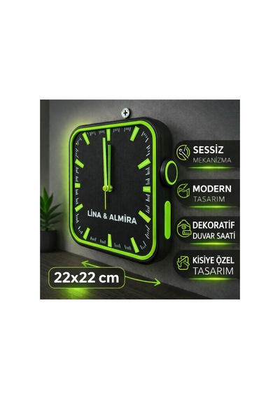 Kişiye Özel 3d Baskı Modern Duvar Saati 22x22 Cm Sessiz Mekanizma Dekoratif İsimli Saat Yeşil