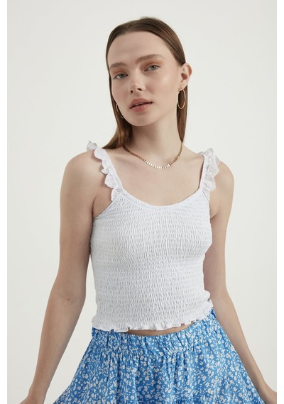 Hiccup V Yaka Fermuarlı Crop Top Beyaz
