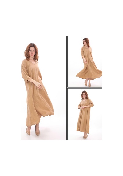 Bohem Stil İtalyan V Yaka Uzun Kol Keten Elbise-8907 Camel