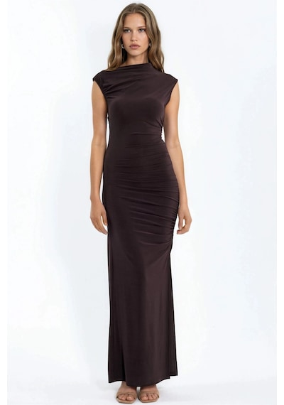 Hiccup Yırtmaç Detaylı Bodycon Sandy Maxi Elbise Mocha Kahvesi
