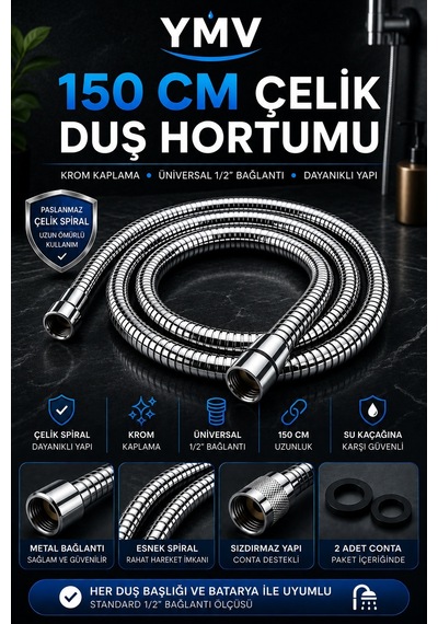 Ymv 150 Cm Çelik Spiral Duş Hortumu Krom Kaplama Universal 1/2 Bağlantılı Banyo Duşluk Hortumu