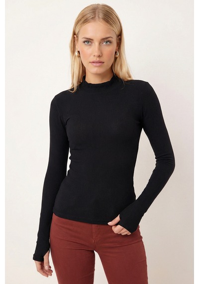 Armonika Kadın Siyah Yarım Balıkçı Parmak Geçmeli Body Bluz Arm-26k001095