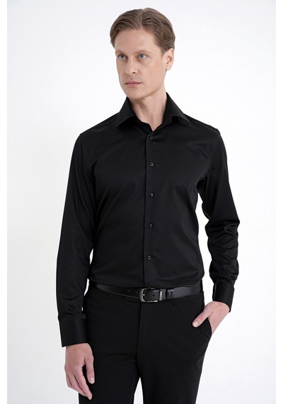 Slim Fit İtalyan Yaka %100 Pamuk Saten Düz Siyah Gömlek Gk 759