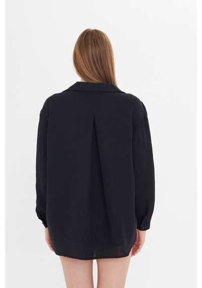 Thiffgymwear Kadın Oversize Basic Cepli Müslin Gömlek Siyah