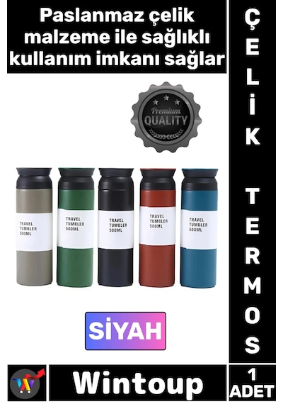 Termos Paslanmaz Sızdırmaz Vakumlu Isı Koruyucu Hediyelik Kamp Piknik Siyah Şık Çelik Termos 500 Ml Çok Renkli