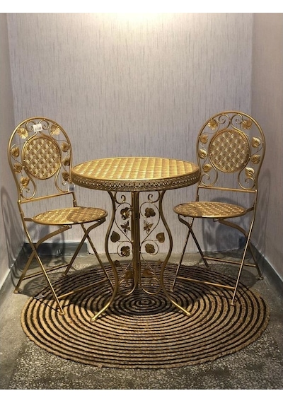 Panalı Ferforje Masa Sandalye Gold 2+1