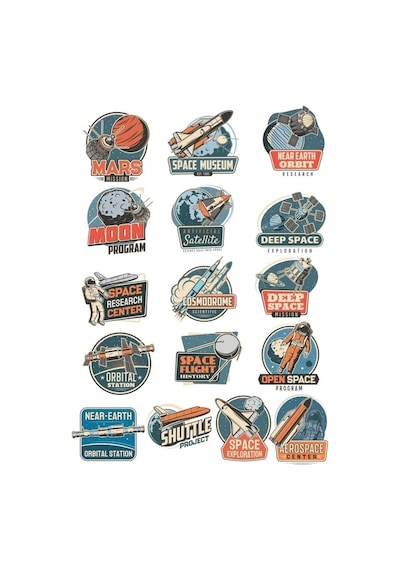 Retro Uzay Sticker Set 8 16 Parça Telefon, Tablet, Defter, Laptop Sticker