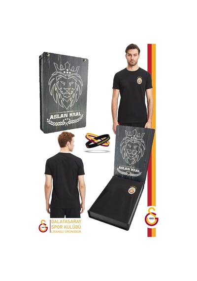 Gsstore Galatasaray Lisanslı Siyah Basic T-shirt + Bileklik Set Hediyelik Ahşap Kutulu Siyah