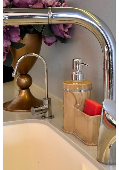 Makri Home Mutfak Veya Banyo İçin Şık Gümüş Detaylı Süngerlikli Sıvı Sabunluk , Yerli Üretim Bej