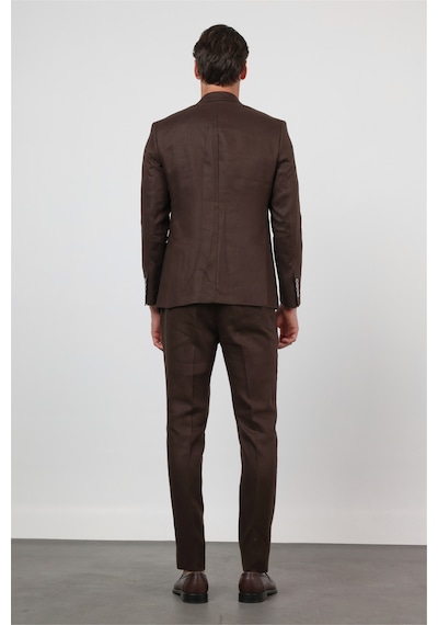 İmza Kahverengi Mono Yaka Keten 6 Drop Slim Fit Yarım Astar %100 Keten Takım Elbise 1001260164