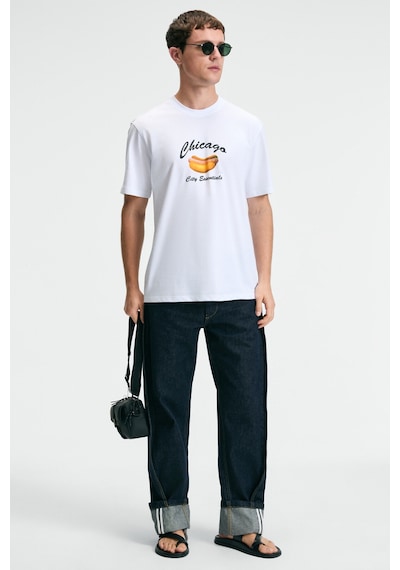 Grimelange CRISP Erkek Oversize %100 Pamuk Baskılı Yuvarlak Yaka Beyaz T-Shirt