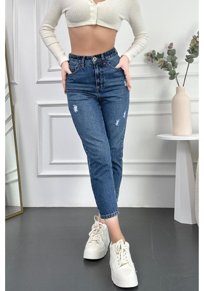 Mavi Yıpratmalı Kadın Boyfriend Jean Yüksek Bel Kot Pantolon Mabel Model 001