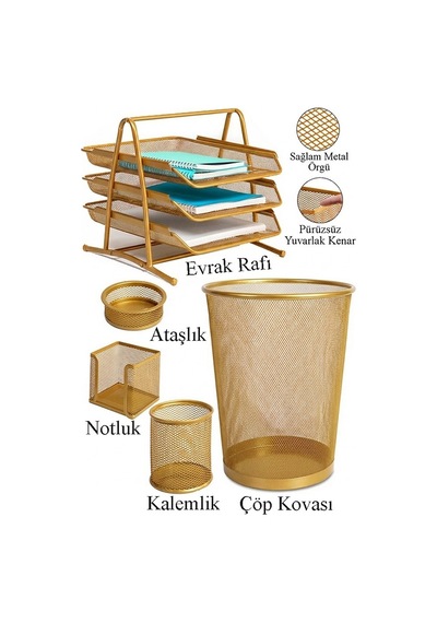 Altın Sarı Metal Evrak Rafı 3 Lü Masaüstü Kalemlik 3 Lü Ve Fileli Çöp Kovası 1 Paket Masaüstü A4 Dosya Düzenleyici Not Altın