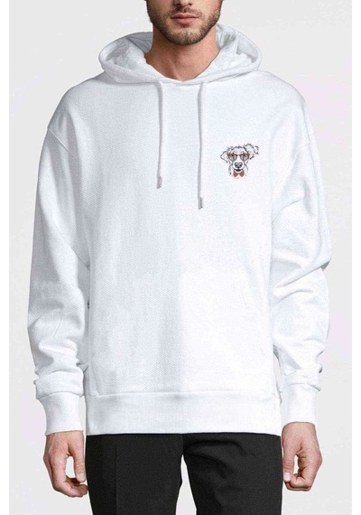 Papyonlu Köpek Göğüs Baskılı Beyaz Erkek Örme Kapşonlu Sweatshirt