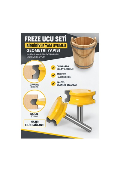 2'li Kanal Geçmeli Birleşim Freze Ucu Seti 38 Mm 8 Mm Şaft Ahşap Birleştirme
