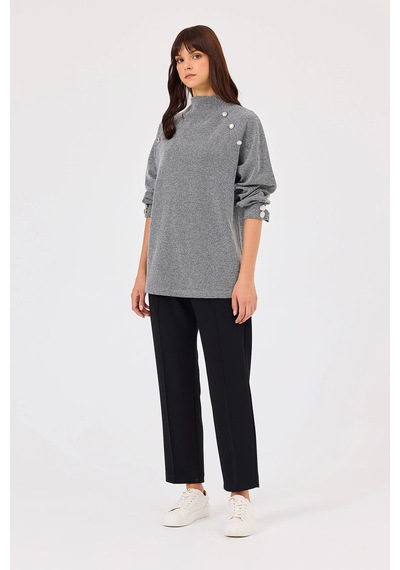 Seçil Kadın Dik Yaka Düğme Detaylı Sweatshirt 1011 Gri Gri