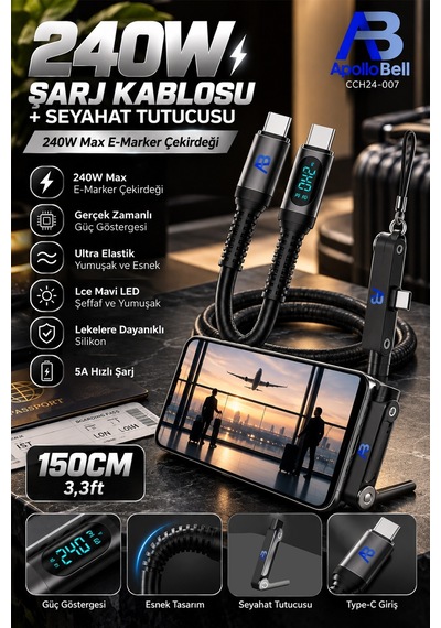 Apollobell Cch24-007 240w Şarj Kablosu + Seyahat Tutucusu