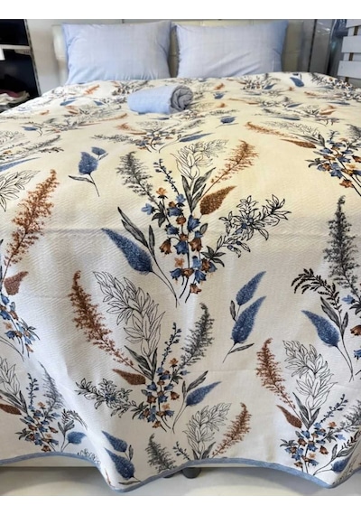Mavi Detaylı Çiçek Desenli Tek Kişilik Pike 160x240 Cm Ferahlatıcı Tasarım, Hafif Konfor Renkli