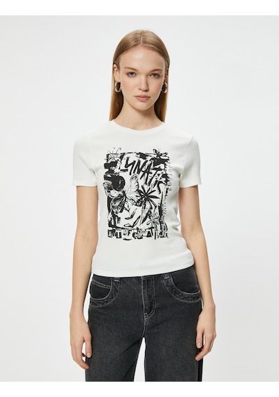 Koton Baskılı Tişört Kısa Kollu Bisiklet Yaka Slim Fit Pamuklu Ekru 5wal10386ık Ekru