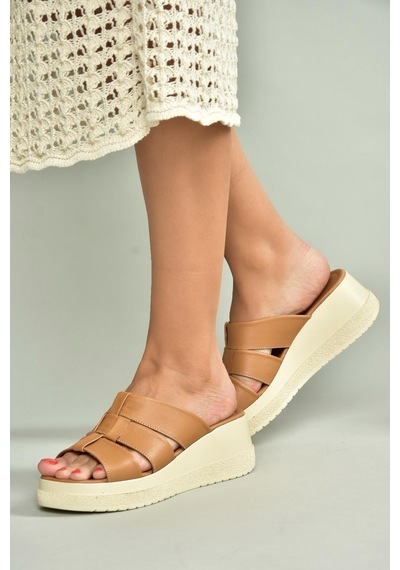 Fox Shoes U555330903 Taba Hakiki Deri Kalın Tabanlı Kadın Terlik Taba-hakiki Deri