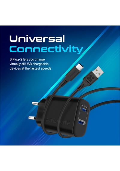 Promate BiPlug-2 17W Yüksek Hızlı Şarj Cihazı, 5V/3A Type-C, 5V/2,4A USB Duvar Şarj Adaptörü, Aşırı Şarj Koruma