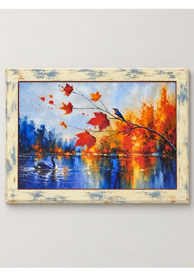 Ahşap Eskitme Çerçeve Desenli Kuğu Ve Kuş Figürlü Dekoratif Ahşap Tablo 52x37 Cm