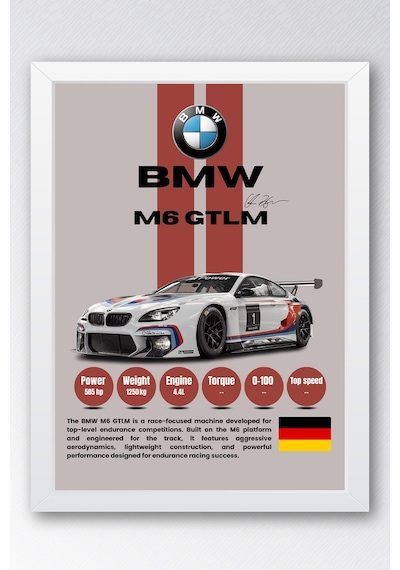 Bmw M6 Gtlm Premium Spor Araba Çerçeveli Tablo - Teknik Özellikli Otomobil Sever Duvar Dekoru Beyaz