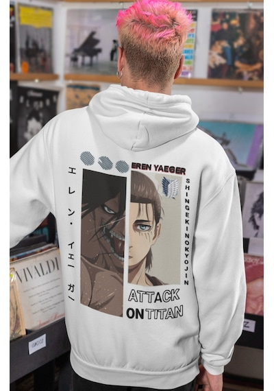 Sevbano Attack On Titan Eren Yeager Anime Sırt Baskılı Unisex Oversize Pe beyaz