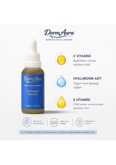Dermaura C Vitamini Yüz Serumu 30ml Aydınlatıcı Leke Karşıtı Ve Nemlendirici Cilt Bakım Serumu