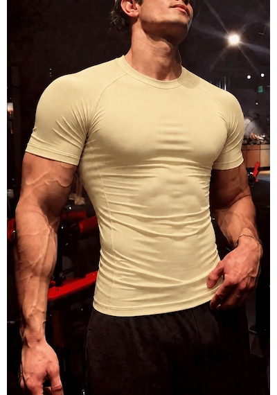 Genius Store Erkek Dalgıç Kumaş Compression Spor Tişört Muscle Body Fit Gym Antrenman T-shirt Compression-t-shirt Bej