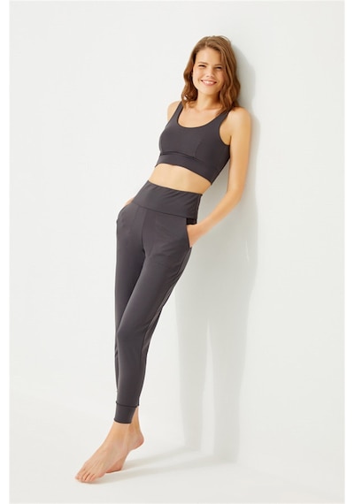 Cottonhill Füme Yüksek Bel Çift Cepli Kadın Jogger Eşofman Altı Füme