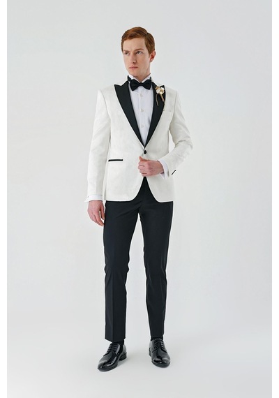 İmza Açık Krem Çıkarılabilir Kırlangıç Yaka Likralı 6 Drop Slim Fit Smokin Damatlık 1001240204-Açık Krem