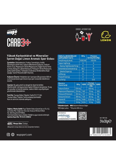 Carb3+, 3 Tip Karbonhidrat, Sodyum, Potasyum, Magnezyum, Limon Aromalı, 24 Saşe Toz Efervesan
