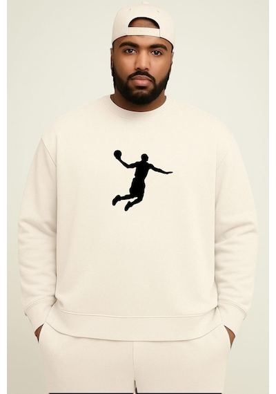 Benroma 3 İplik Penye Basketbolcu Baskılı Büyük Beden Unisex Sweatshırt Beyaz