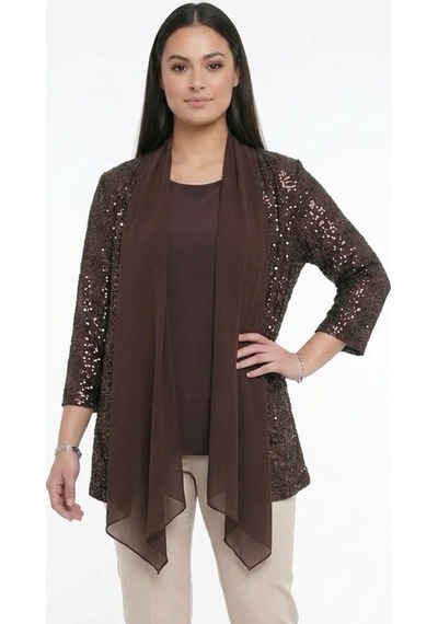 By Saygı Kadın İçi Kolsuz Bluz Şal Yaka Şifon Detaylı Pulpayet Ceket Büyük Beden 2 'li Takım Kahve