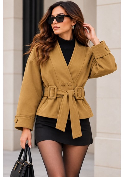 Neşeli Butik Kadın Camel Süet Dokulu V Yaka Çift Düğmeli Tokalı Kuşaklı Oversize Ceket Nbk020
