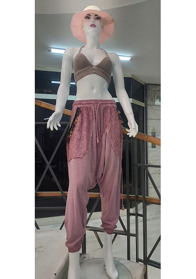 Bohem Stil Kadın Beli Bağlamalı Saçak Detaylı Bohem Şalvar-9241 Gül Kurusu Gülkurusu