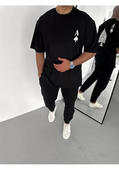 Suma Unisex Oversize Bisiklet Yaka Baskılı T-shirt - Siyah L Beden