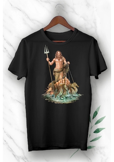 Mitoloji Denizler Tanrısı Poseidon Baskılı Beyaz Unısex Tişört Siyah