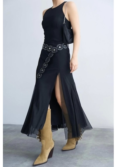 Defymoda Tül Elbise - Siyah Siyah