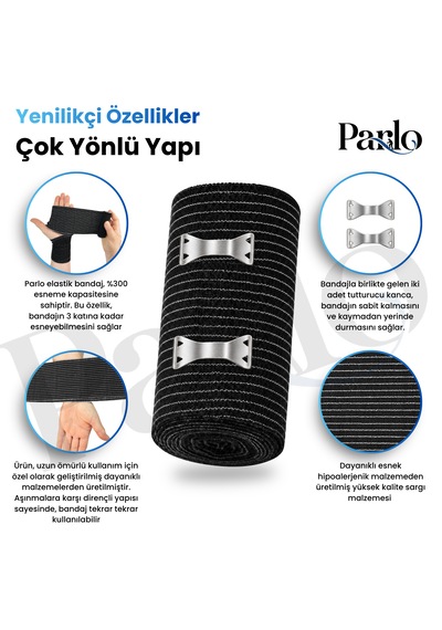 Parlo Siyah Elastik Bandaj 3 Lü Set 10-15-20 Cm %300 Esnek, 4,5 M Ye Kadar Uzayan, Metal Kancalı Bandaj Seti