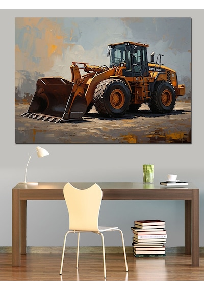 Şantiyede Çalışan Modern Sarı Dozer Dekoratif Kanvas - Mdf Ahşap Tablo