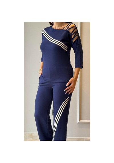 Butik İstanbul Kadın Uzun Kollu Truvakar Kol Tek Omuz Çapraz Şerit Detaylı Ribanalı Viskon Iki Iplik Bluz Ve Pantolon Ikili Takım Lacivert