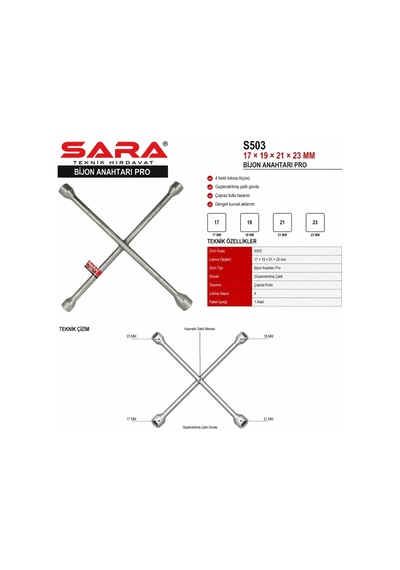 Sara S503 Bijon Anahtarı Pro 17 X 19 X 21 X 23 Mm, Çapraz Kollu