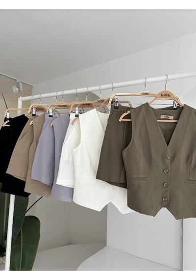 Moderie Butik Yelek Şort Flamlı Keten Takım 10133-17 Si Yah