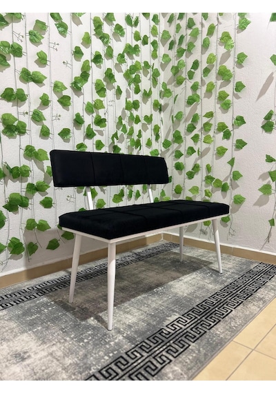 Özcan Metal Beyaz Metal Ayaklı Sırtlı Siyah Mutfak Salon Antre Yatak Odası Puf Bank Oturak Bench Siyah