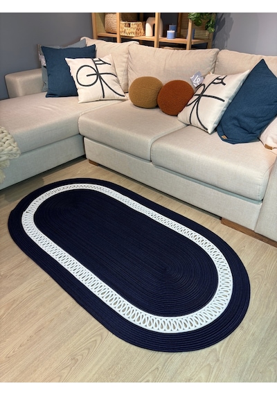 Mavaux Lotus Jüt Hasırlı El Örgüsü Kilim Lacivert - Beyaz