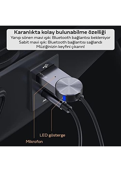 Ayrex Kuulaa Usb Bluetooth 5.0 3.5 Aux Receiver Aux Wireless Araç Kiti