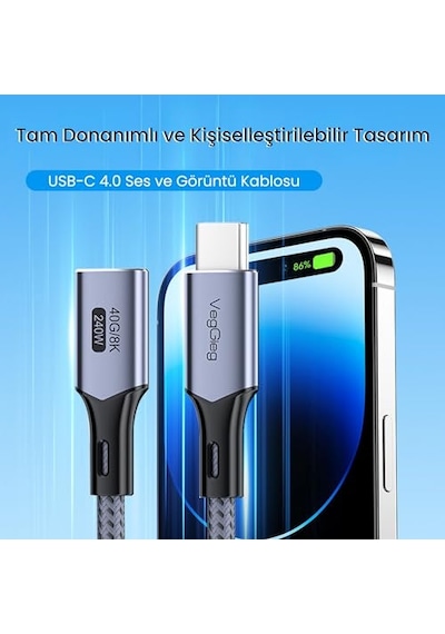 4.0 E-mark 240w 40gbps Thunderbolt 4 8k 60hz Type-c Uzatma Kablosu 1 Metre Diğer